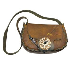 1960s/70s Vintage Hand Tooled Leather & Painted Flower Shoulder Bag Purse Boho